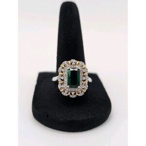 3.75 Carat Simulated Emerald Baguette CZ Halo Ring 14k Gold Plated Sterling 925